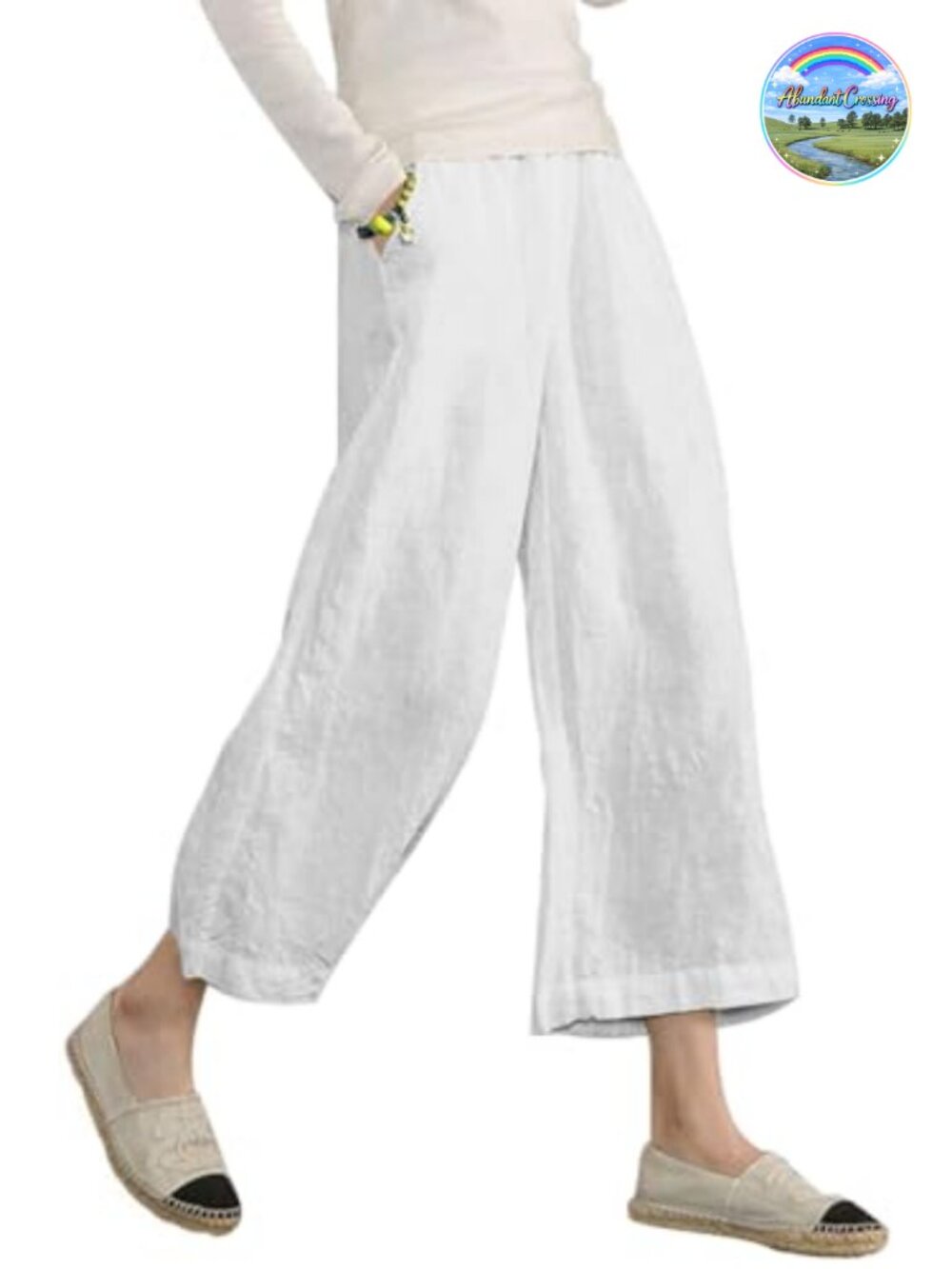 Linen Blend Cropped Pants High Waist Wide Leg Palazzo